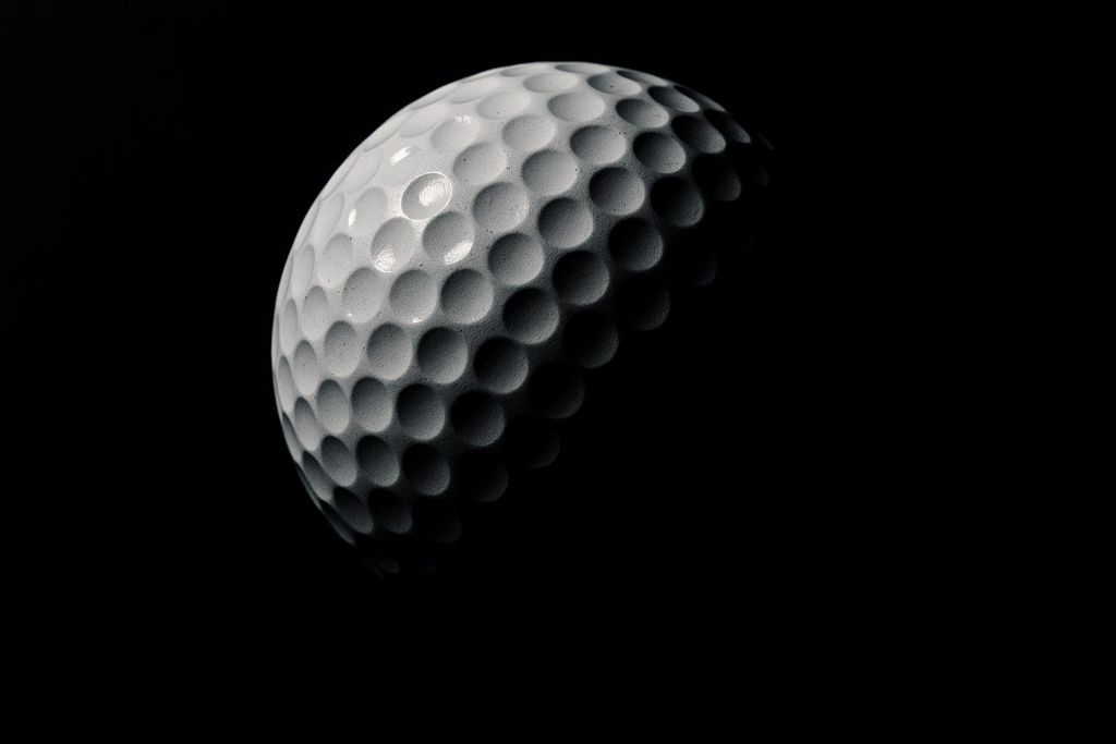 A close-up, black and white shot of a golf ball with its dimpled texture prominently displayed against a dark background. The lighting accentuates the individual dimples, creating a strong contrast between light and shadow.