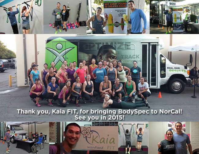 A collage of images showing a fitness event at Kaia FIT, including group photos, individuals posing with fitness equipment, and the BodySpec mobile unit.