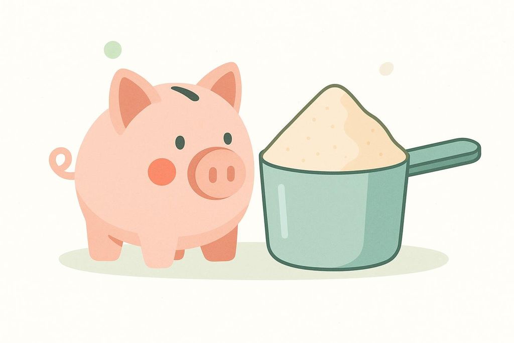 An illustration showing a pink piggy bank next to a measuring scoop filled with protein powder, symbolizing budget-friendly fitness or nutrition.