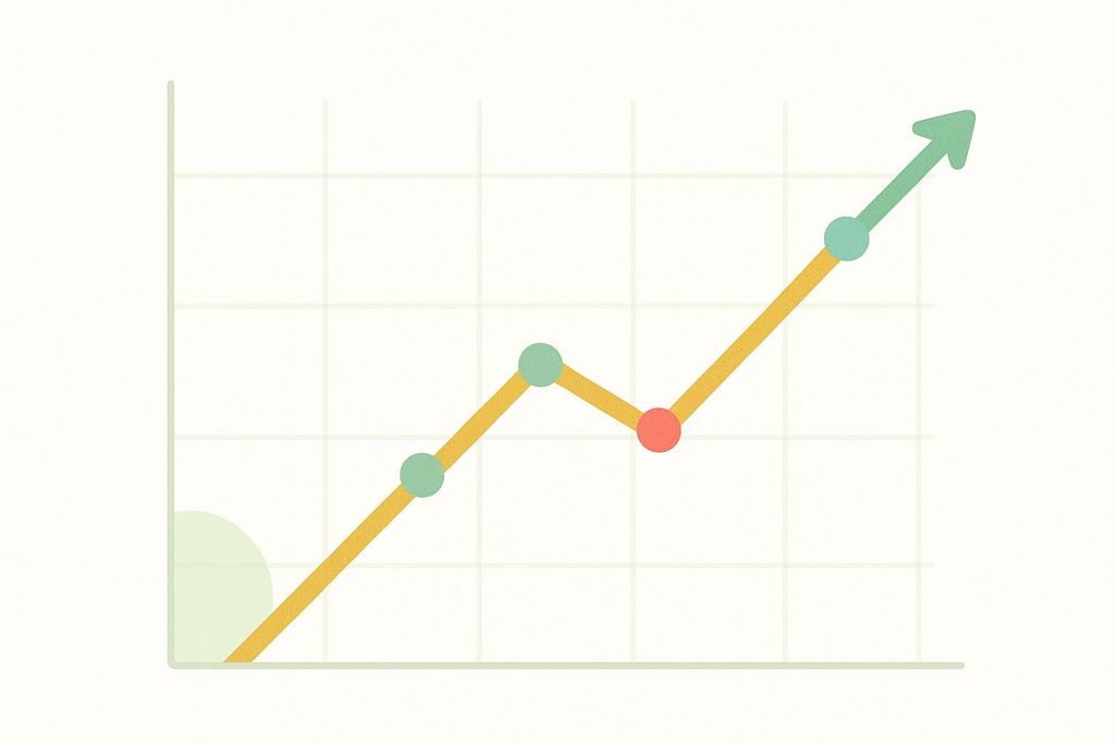 An abstract line graph illustrating general upward workout progression, with a planned dip representing a deload week. The line is gold, with green points indicating progress and a red point indicating the deload. The final segment of the line is green and ends with an upward arrow.