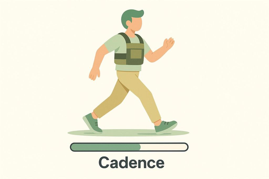 An illustration of a person power walking in a weighted vest above a progress bar that is partially filled, with the word 'Cadence' written below the bar.