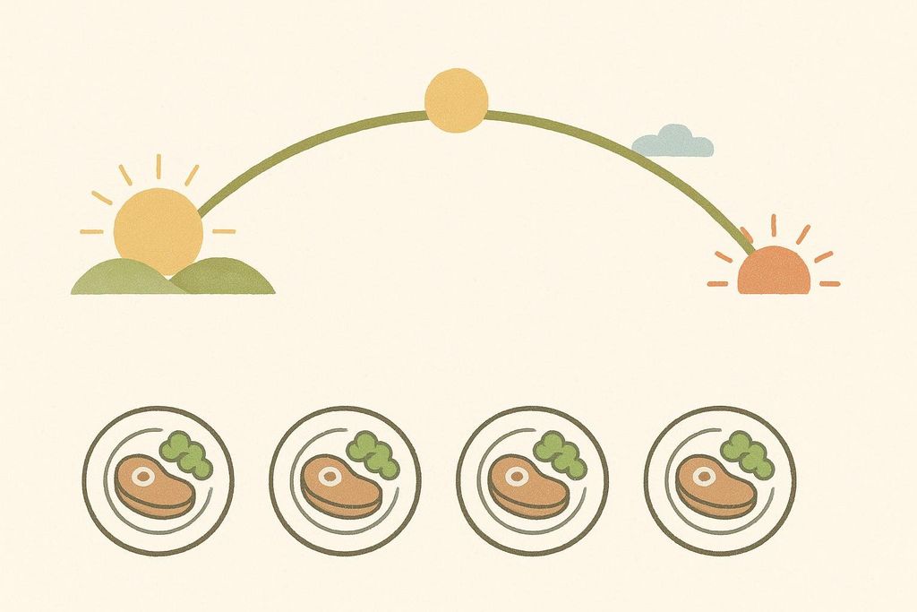 An illustration showing four plates with steaks and broccoli, spaced evenly beneath an arc representing the sun's path from sunrise to sunset, symbolizing consistent protein intake throughout the day.