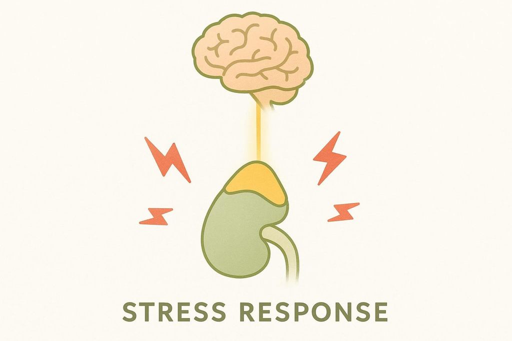 An infographic illustrating the stress response, with a cartoon brain at the top connected by a golden beam to an adrenal gland-like organ below. Orange lightning bolts emanate from around the adrenal gland, and the words 'STRESS RESPONSE' are written at the bottom.