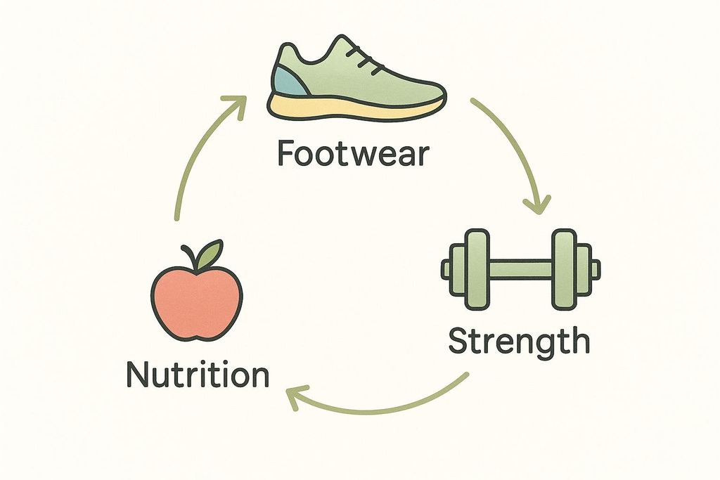 A circular diagram depicting the three pillars of injury prevention: footwear represented by a shoe icon, strength by a dumbbell icon, and nutrition by an apple icon, with arrows showing their interconnectedness.