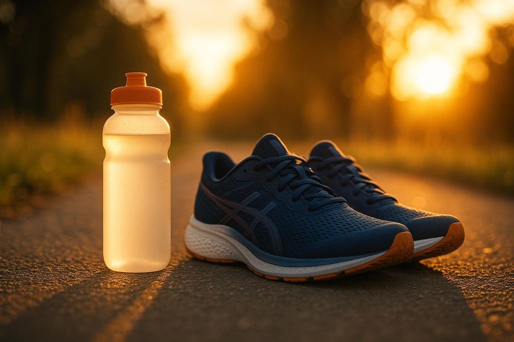 A pair of dark blue running shoes and a clear water bottle with an orange cap sit on an asphalt path at sunset. The golden light illuminates the scene, suggesting an evening or morning workout.