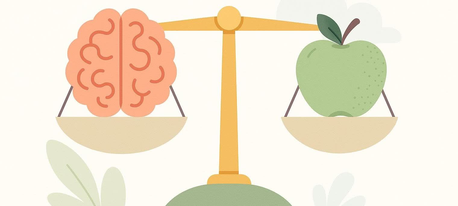 An abstract illustration depicting a balance scale with a human brain on one side and a green apple on the other, suggesting a balance between mental and physical health or knowledge and nutrition.