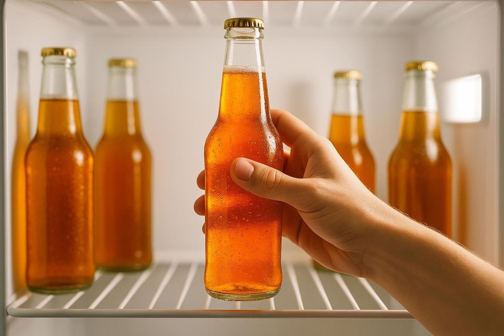 A hand reaching into a brightly lit refrigerator to pick up a cold bottle of kombucha. Several other similar bottles are visible on the shelf. The bottle in hand is covered in condensation.