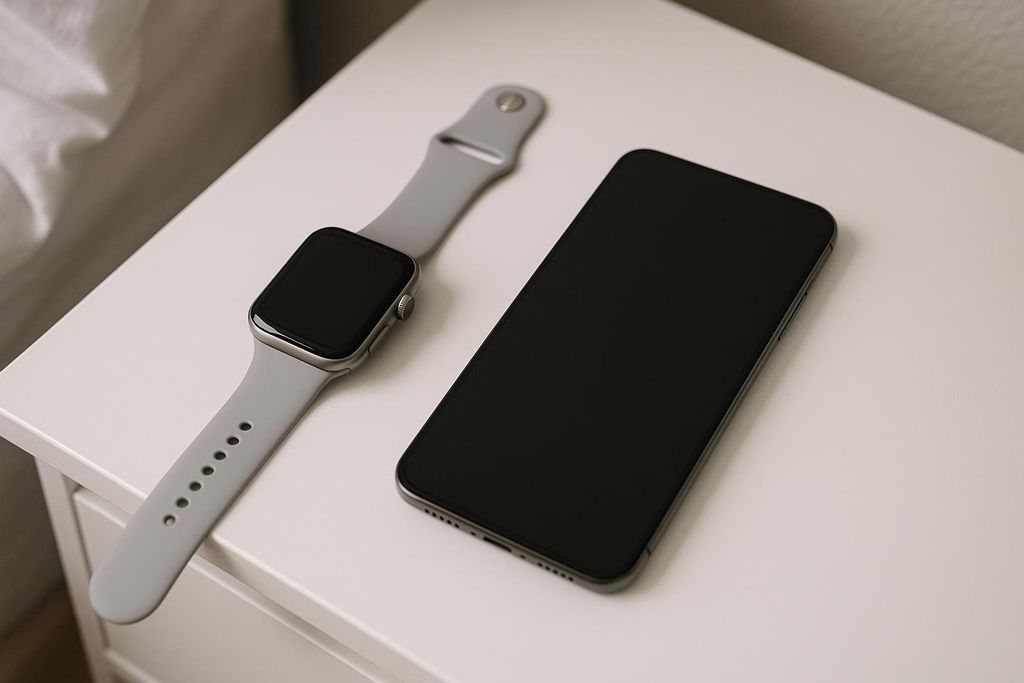 A blank smartphone and a gray smart watch with a dark screen resting side-by-side on a clean, light-colored bedside table.