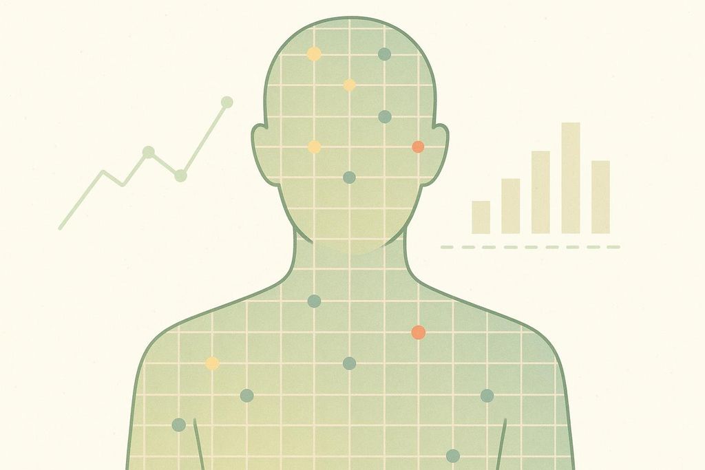 An illustration of a human silhouette filled with a grid and colorful dots, representing data points. A line graph and a bar chart are visible on either side of the silhouette, suggesting data analysis or body composition insights.