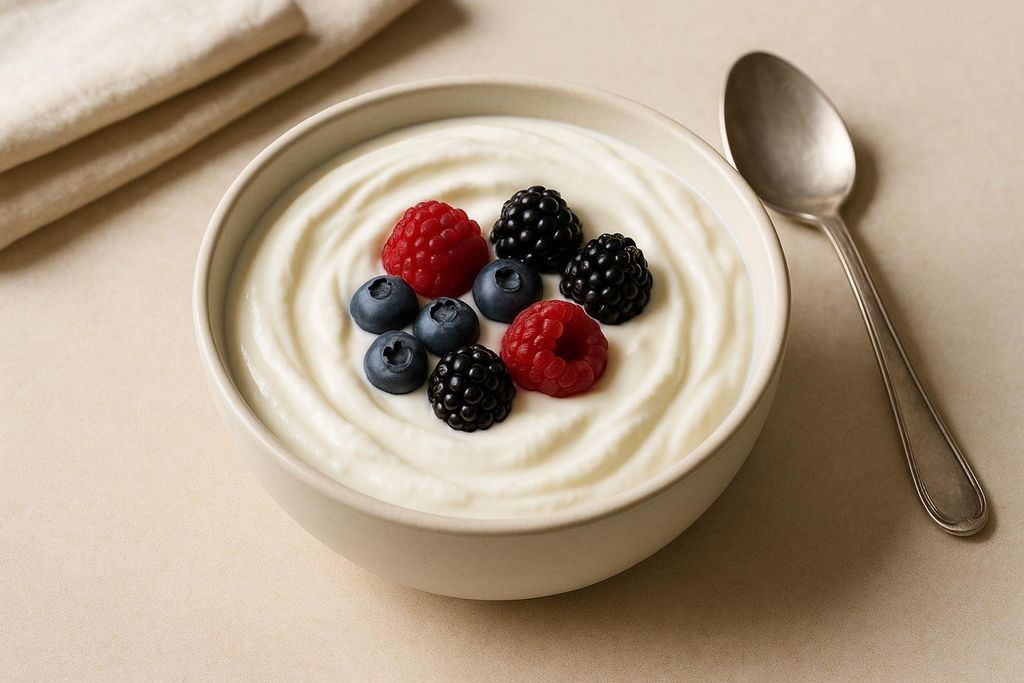 A white bowl filled with creamy Greek yogurt, topped with a colorful assortment of fresh berries including raspberries, blueberries, and blackberries. A silver spoon and a folded napkin are visible on the light-colored surface beside the bowl.