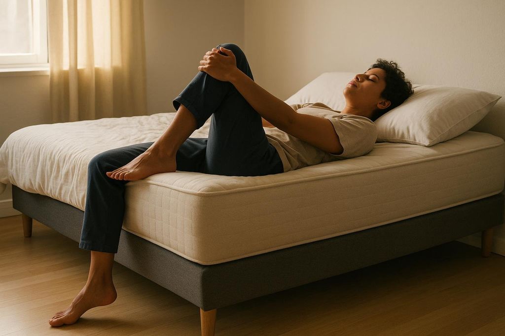 A person lying on a bed with one leg bent and held towards their chest, and the other leg dangling off the side of the bed, performing a passive leg dangle stretch.