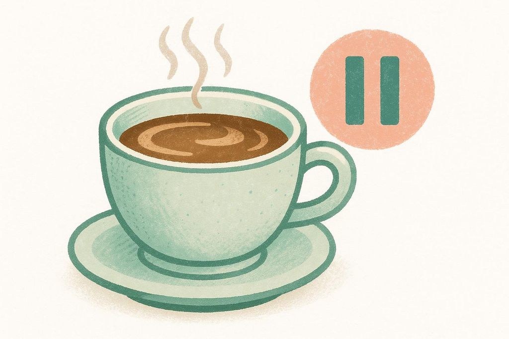 An illustration of a steaming cup of coffee in a light blue mug on a matching saucer, next to an orange circle with two vertical lines, representing a pause symbol.