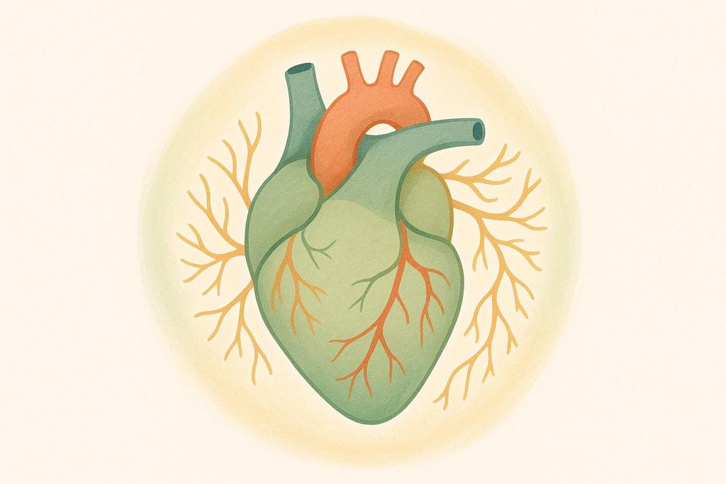 An artistic rendering of a healthy human heart in shades of green and orange with a subtle warm glow around it, symbolizing cardiovascular health.