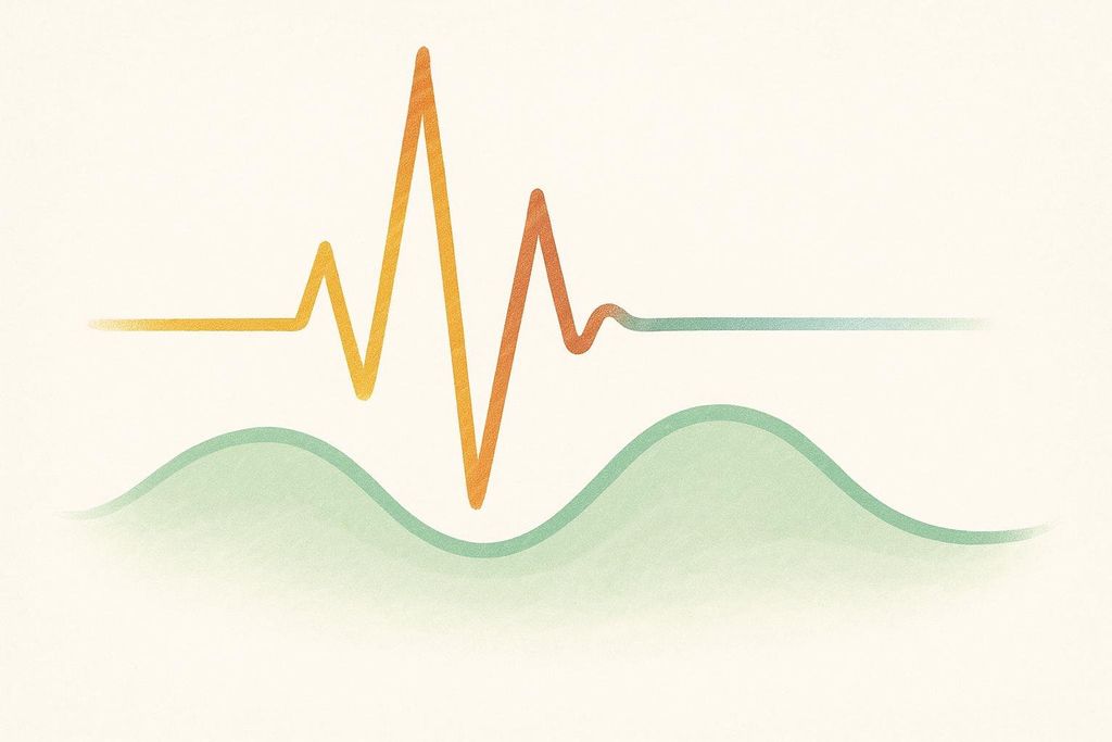 An abstract chart showing an orange and yellow jagged line, resembling a heartbeat monitor, above a series of smooth, green-shaded waves on a cream background.