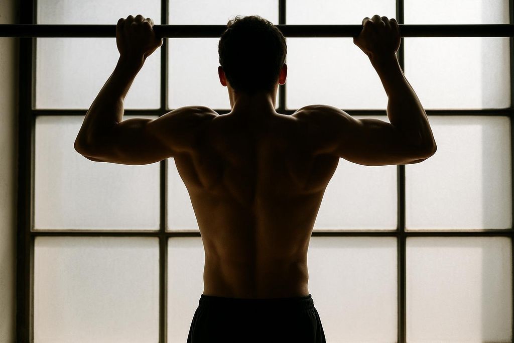 A man viewed from behind, in silhouette, performing a pull-up. His back and arms are well-defined against the light coming from a large window behind him.