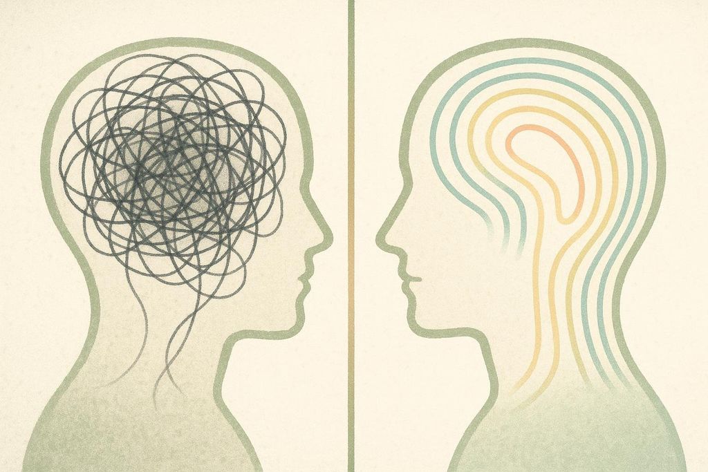 An illustration showing two head silhouettes side-by-side. The left head contains messy, dark scribble lines representing an unfocused mind. The right head contains neat, colorful, concentric lines radiating from the center, symbolizing a clear and focused mind.