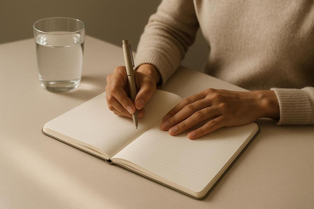 A close-up shot of a person's hands writing in a small, lined notebook with a pen. A glass of water is visible in the background, out of focus. The person is wearing a light-colored sweater.