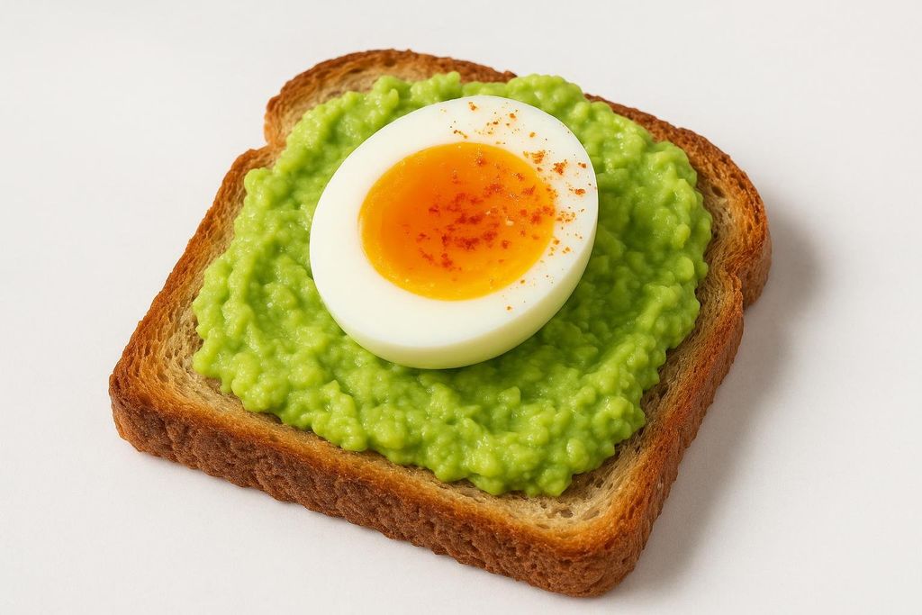 Avocado toast topped with a perfectly cooked soft-boiled egg, lightly sprinkled with paprika.