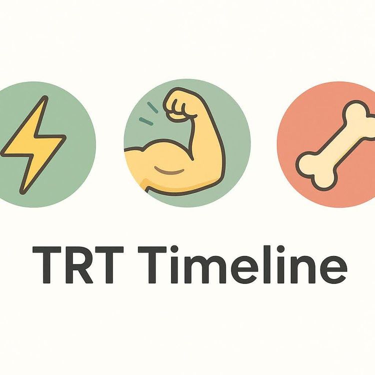 Icons for energy, muscle, bone with label TRT Timeline