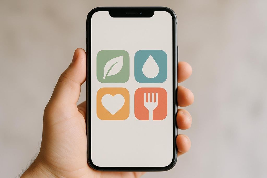 A hand holds a smartphone displaying four colorful app icons related to health and wellness (a leaf, a water drop, a heart, and a fork).