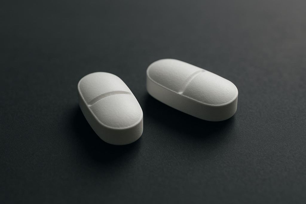 Close-up shot of two white, oval-shaped pills with a score line in the middle, resting on a dark, textured surface.