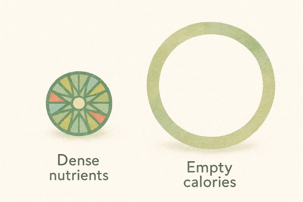 An illustration comparing a small, colorful, densely packed circle labeled 'Dense nutrients' to a large, hollow, green circle labeled 'Empty calories'. The smaller circle is green, blue, and orange, suggesting a variety of beneficial components.