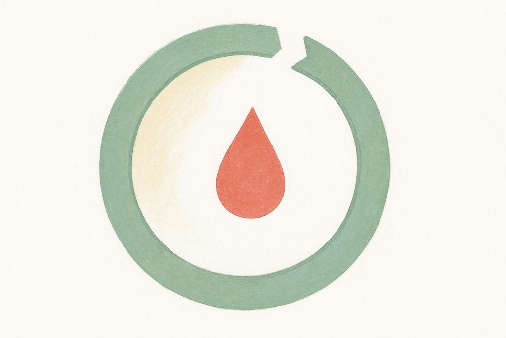 An illustration of a broken green circular arrow with a red teardrop shape in the center. This abstract symbol represents menstrual dysfunction or a broken cycle.