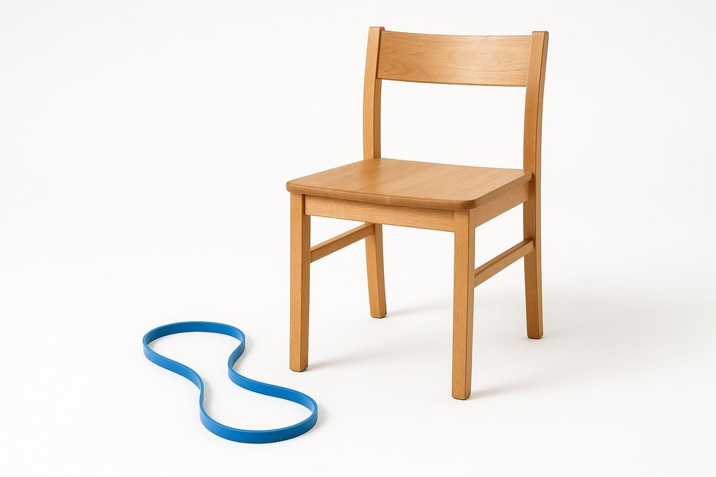 A light wooden chair stands next to a blue looped resistance band, both isolated on a white background.