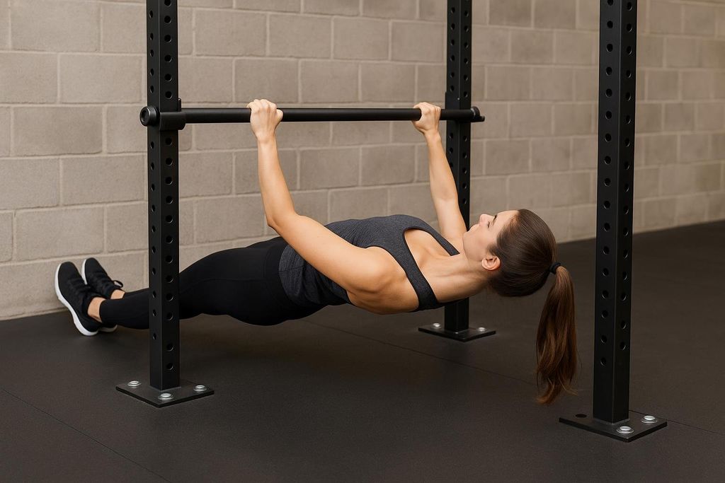 A woman demonstrating the proper form for an inverted row, with her body straight and holding onto a low bar in a power rack. She is wearing a gray top and black leggings.