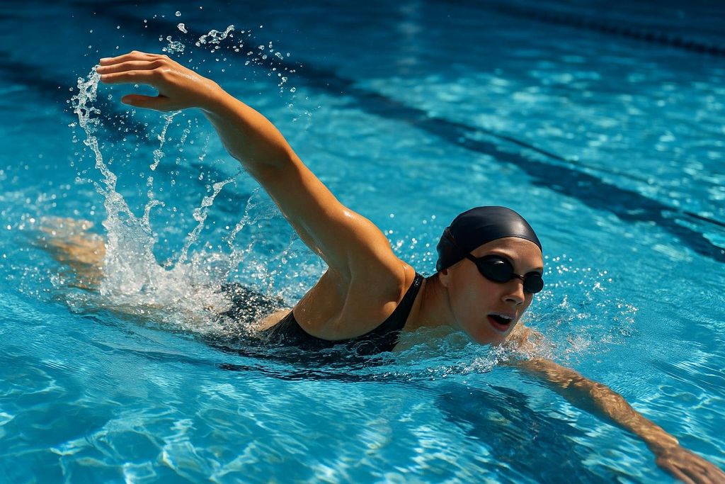 A woman in a black swim cap and goggles swims freestyle in a clear blue lap pool, with water splashing around her arm and head. She is looking to her right with her mouth slightly open.