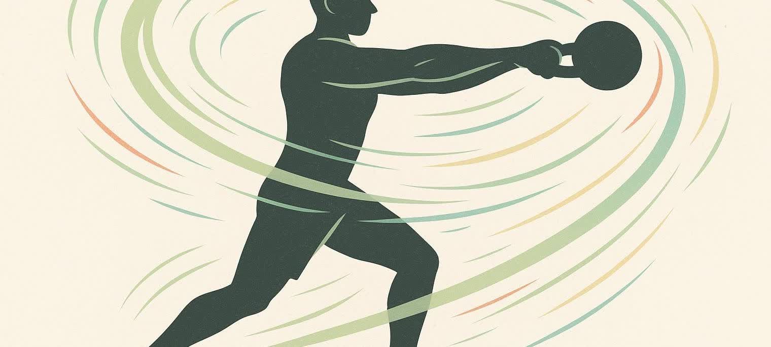 An abstract illustration shows the dark silhouette of a person performing a kettlebell swing. Curved, dynamic lines in shades of green, blue, and orange emanate from the kettlebell, suggesting motion and force.