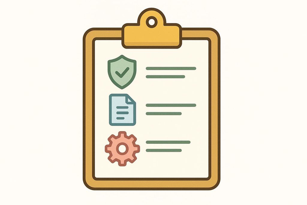 An illustration of a clipboard with three icons: a green shield with a checkmark, a blue document, and an orange gear, representing compliance, documentation, and processes or settings, next to placeholder lines of text.