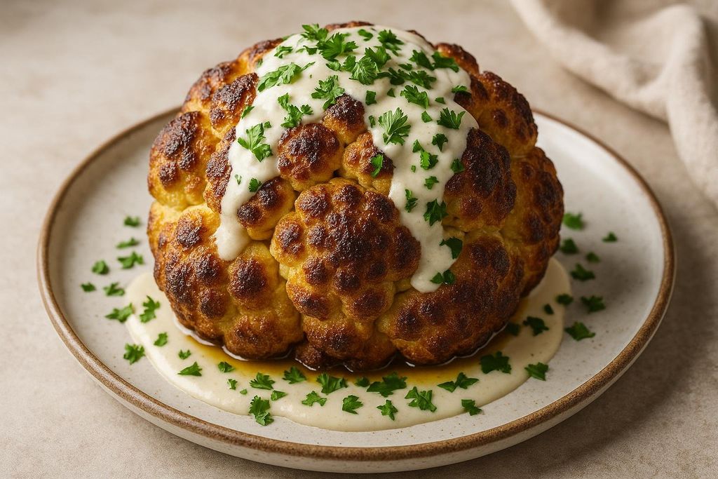 A whole roasted cauliflower, golden brown and slightly charred, drizzled with a creamy white tahini sauce and garnished with fresh green parsley. The cauliflower sits on a light-colored plate, with some of the sauce and dark drippings pooled at its base.