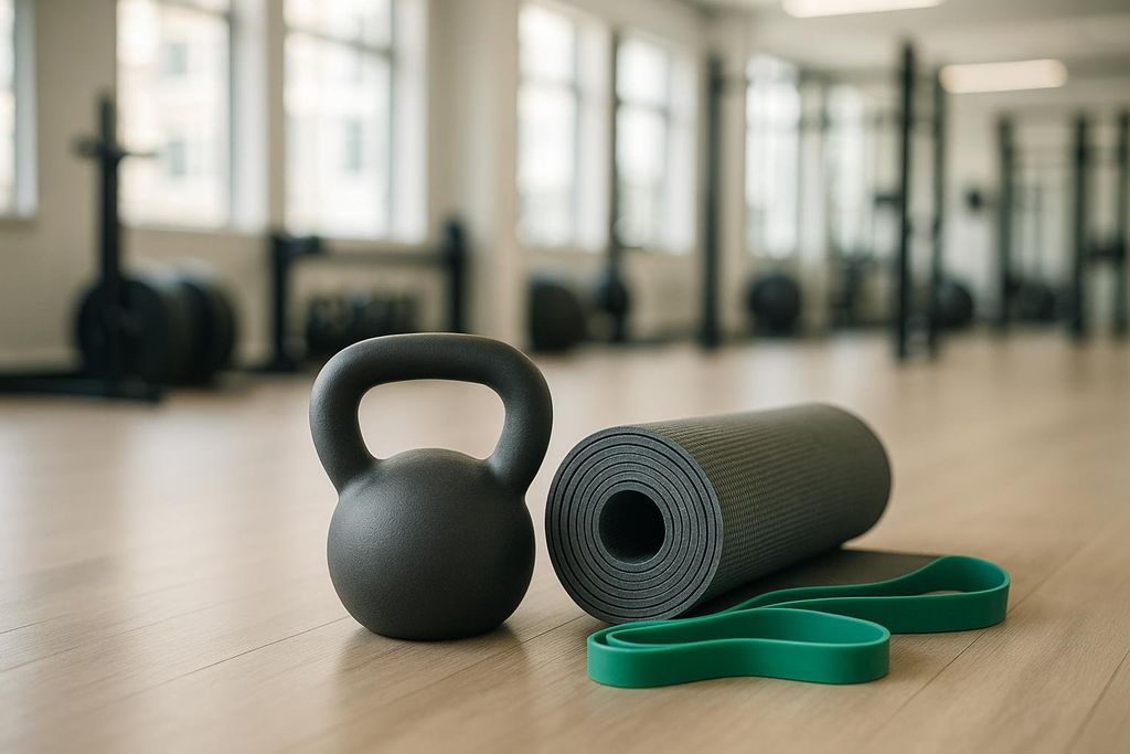 A black kettlebell, a rolled-up grey yoga mat, and a green resistance band are placed on a light wooden floor in a bright gym setting. Large windows line the back wall, showing blurred exercise equipment in the background.