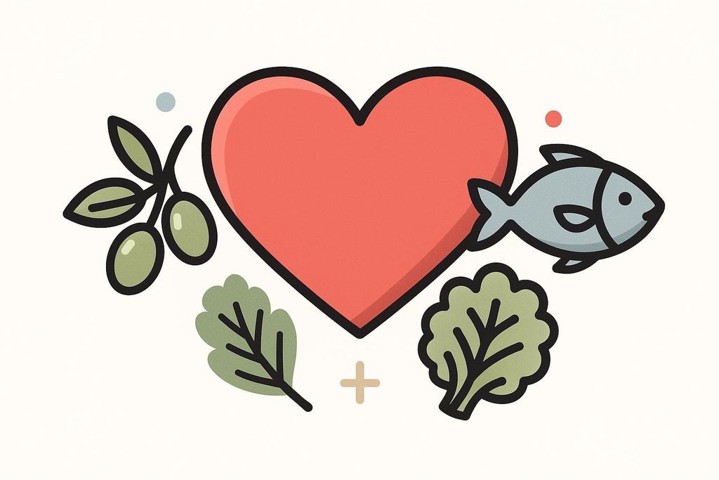 An illustration featuring a red heart surrounded by various Mediterranean diet elements: a sprig of olives, two green leaves, a fish, and another leafy green vegetable. This image symbolizes cardiovascular health and a healthy lifestyle.