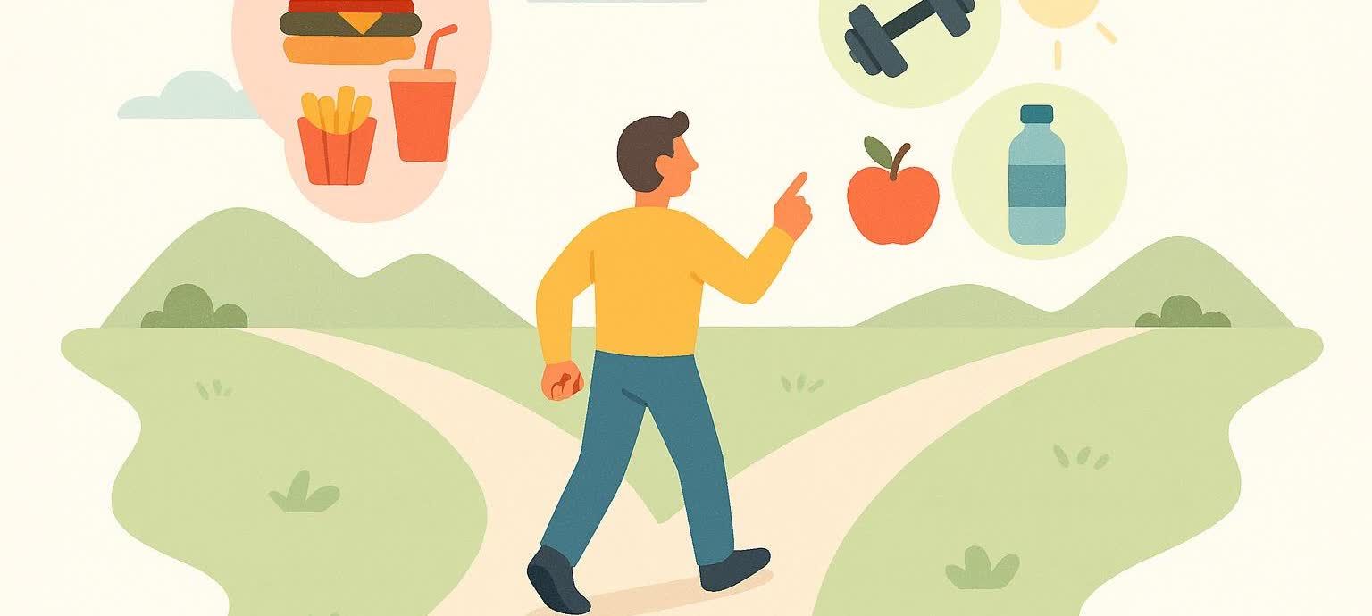 An illustration of a person on a path, pointing towards icons representing healthy choices like an apple, weights, and water, while fast food items are in the opposite direction. This symbolizes the decision to manage obesity by opting for a healthy lifestyle.