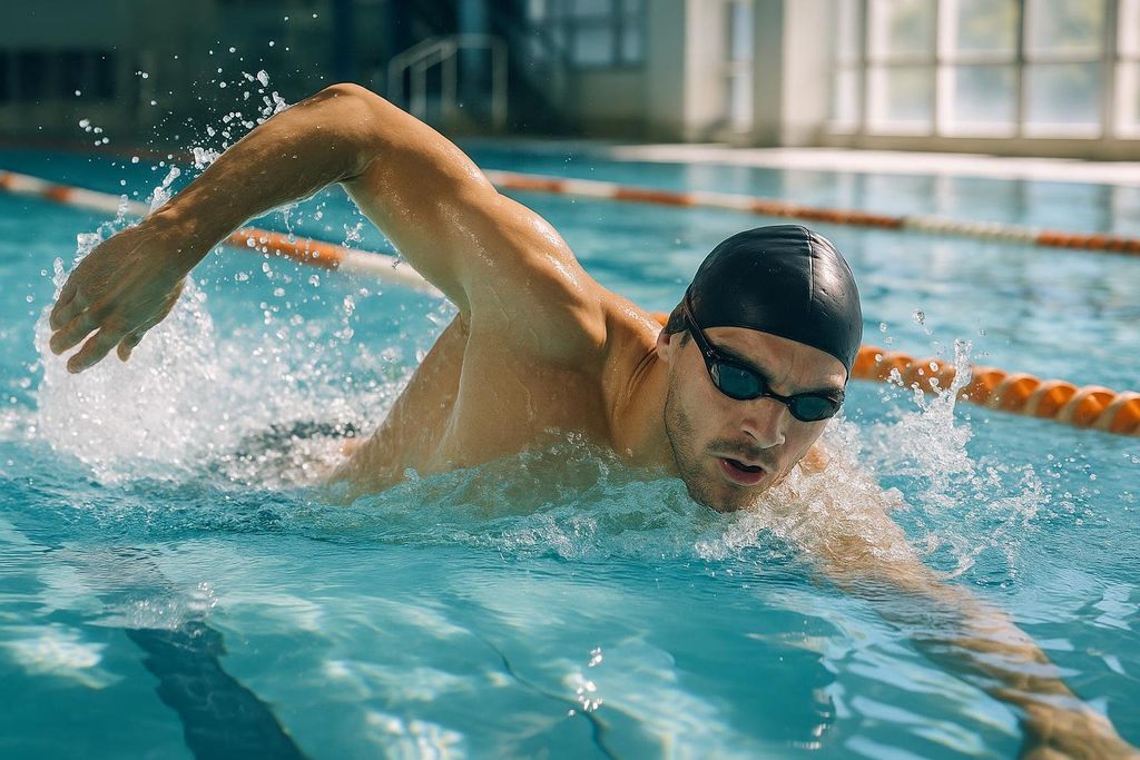 A man wearing a black swim cap and goggles swims laps in a bright, clear swimming pool, creating splashes of water.