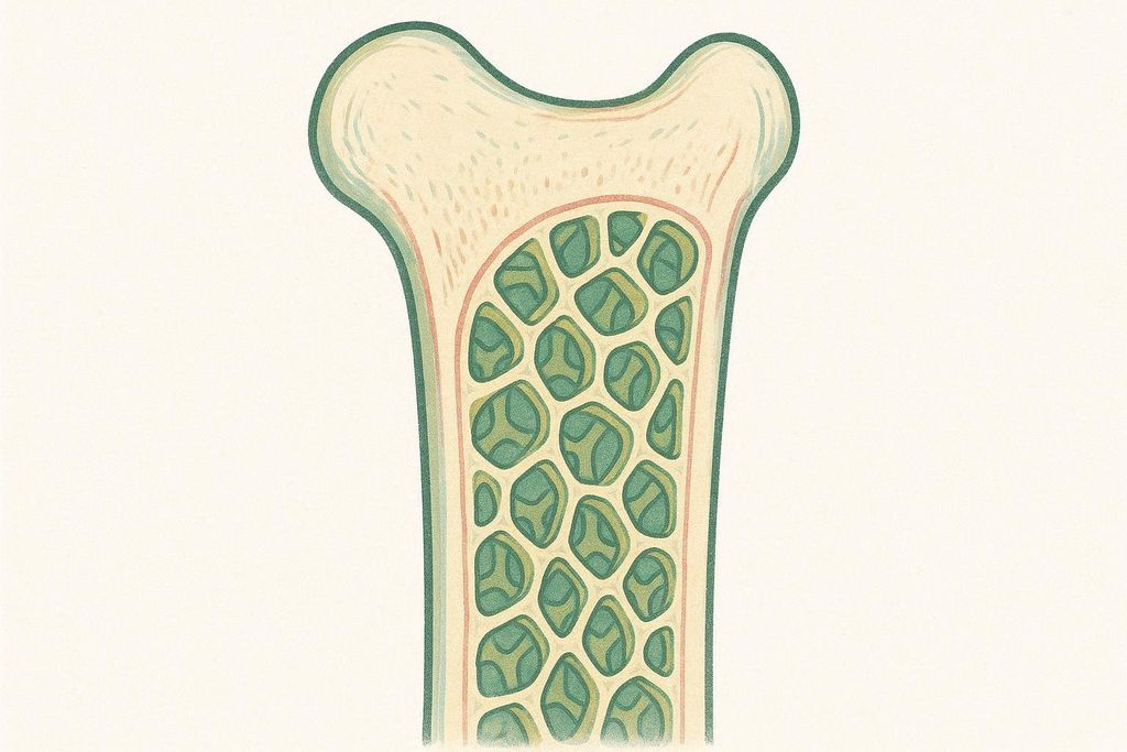 An illustration showing a cross-section of a healthy human bone with a dense, honeycomb-like internal structure of trabecular bone in shades of green and tan, surrounded by the outer cortical layer.