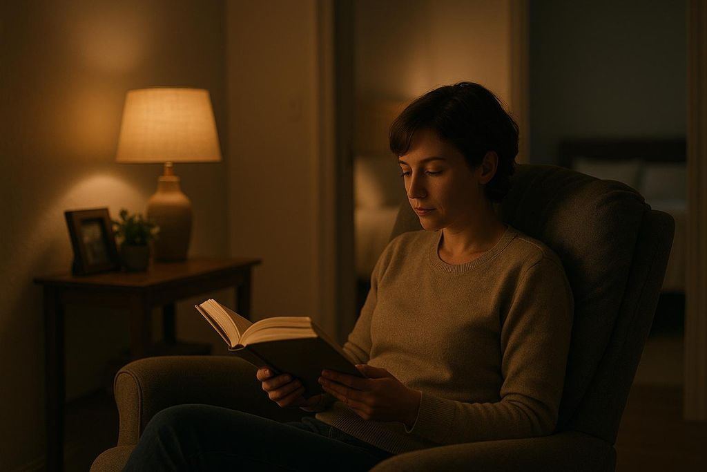A woman with short brown hair, wearing a beige sweater and jeans, sits in a dark armchair, intently reading a book bathed in the warm glow of a nearby table lamp. The room is dimly lit, suggesting nighttime.