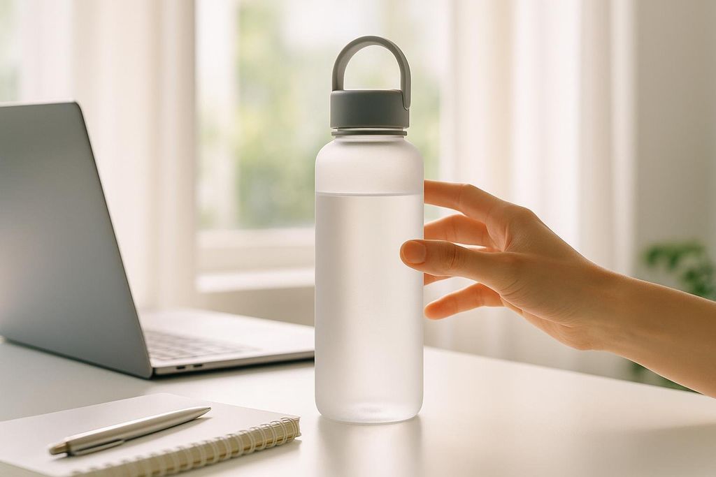 A hand reaches for a translucent reusable water bottle filled with water, sitting on a desk next to a laptop and notebook.