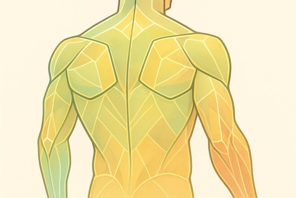 An abstract illustration of the major upper body muscle groups from the back, rendered in shades of green and yellow with geometric patterns outlining the musculature.