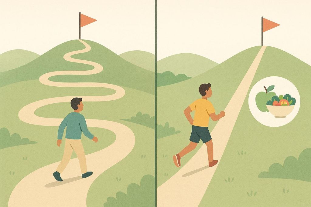 A comparative illustration showing a long, winding path for a person relying on exercise alone to reach a flag on a hill, versus a shorter, straight path for a person combining exercise with a healthy diet, also leading to a flag on a hill.
