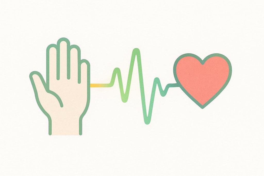 An illustration showing an outline of a hand connected to a heart icon by a green heartbeat line, symbolizing the link between grip strength and health.