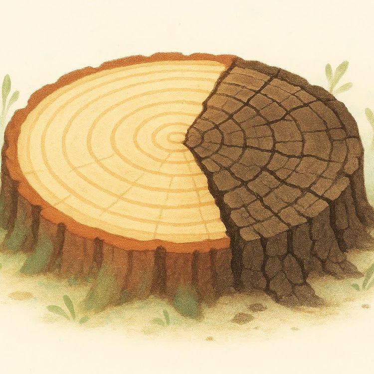 A whimsical watercolor illustration of a tree stump with detailed annual rings on one side and textured bark on the other, sitting on grassy ground.