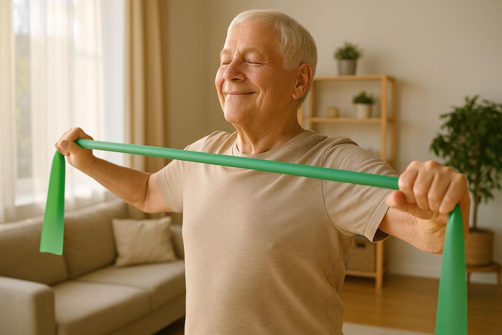 An older adult with white hair smiles with closed eyes while stretching a green resistance band across their chest in a sunny living room.