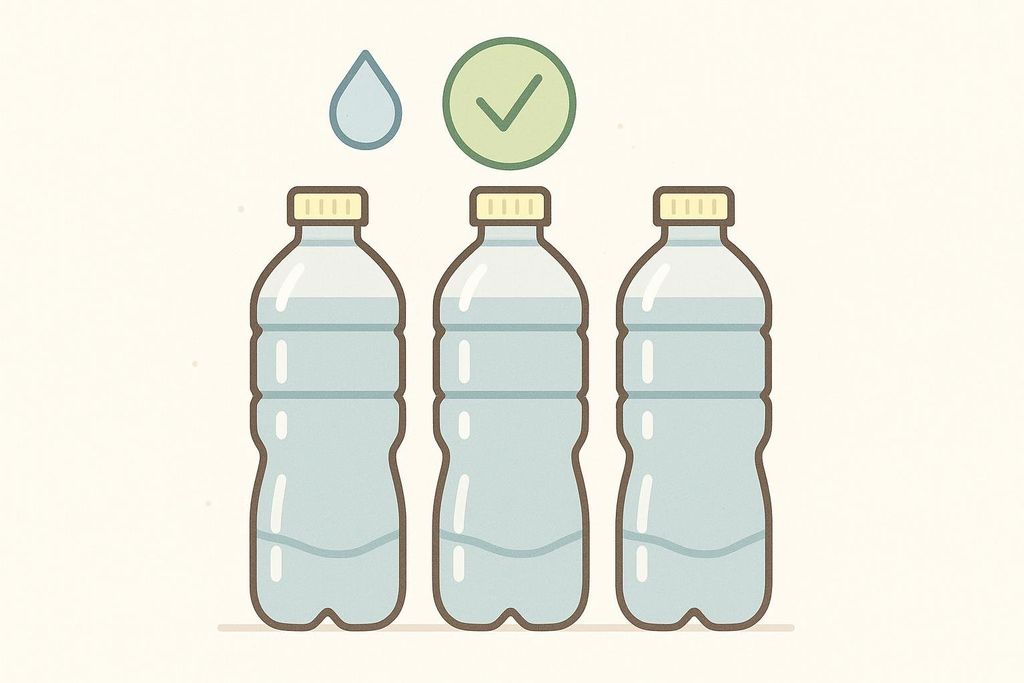 Illustration of three water bottles, a water drop, and a green circle with a checkmark.