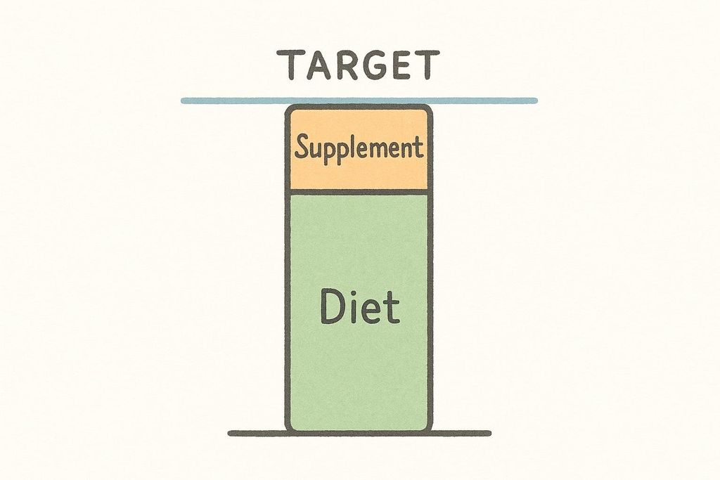 A bar chart showing how supplements bridge the gap between diet and daily targets.