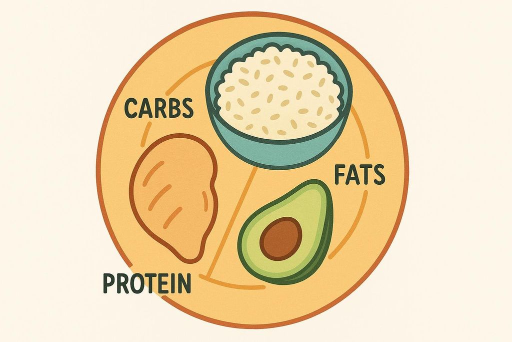 An illustration of a plate divided into sections for macronutrients: protein shown as chicken, carbs as rice, and fats as an avocado.