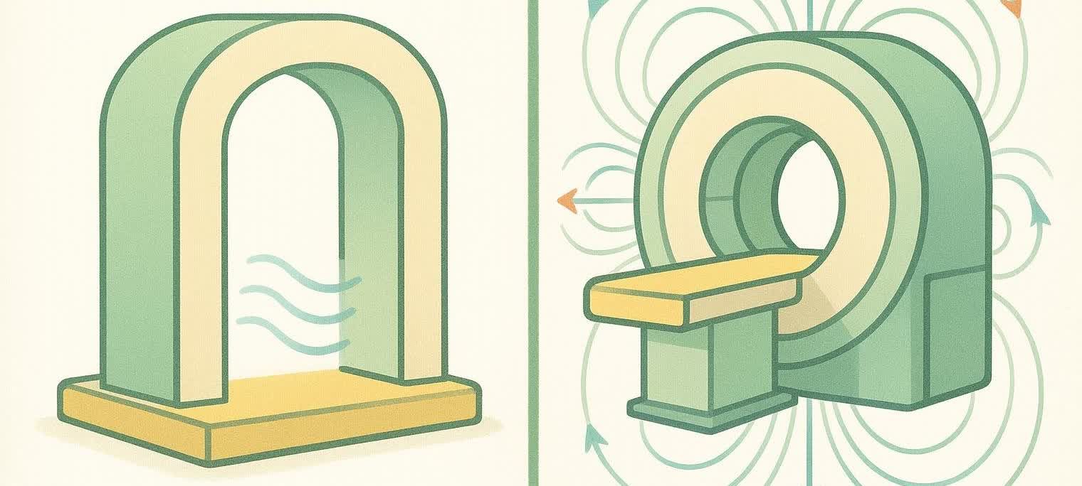 Abstract comparison of a simple, open scanner concept versus a complex, enclosed one.