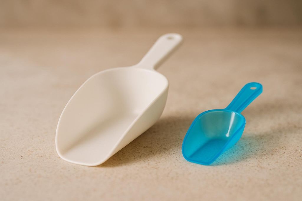 A large white scoop and a smaller translucent blue scoop are placed side by side on a light-colored, textured surface. The white scoop is on the left and the blue scoop is on the right.